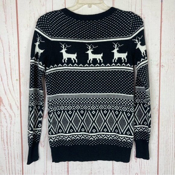 Old Navy M Medium Blue Christmas Winter Knit Sweater Deer Argyle Aztec Flaws - Picture 8 of 11